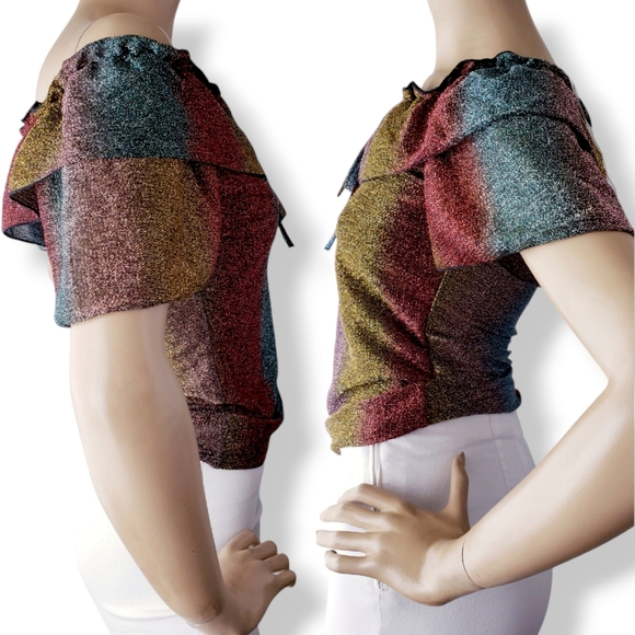 Gold, Red & Green Metallic Striped Off Shoulder Ruffle Blouse by Route 3 - Picture 4 of 8